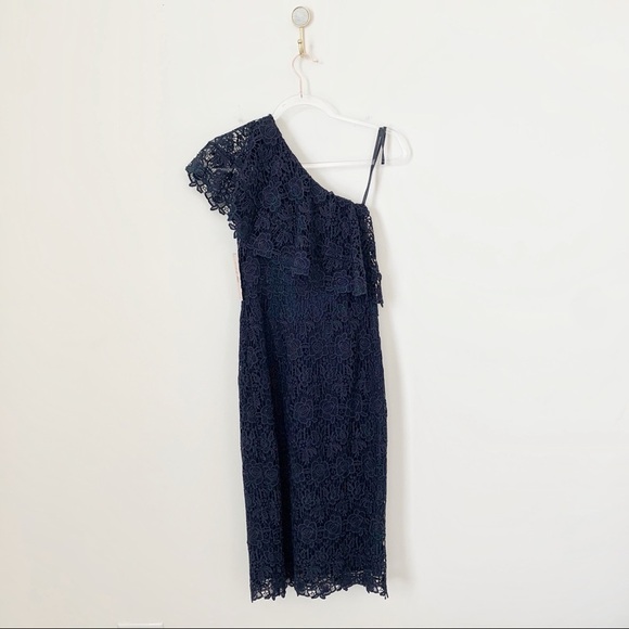 Nanette Lepore One Shoulder Lace Crochet Sheath Dress Navy Blue Midi 2 NWT - Picture 8 of 8